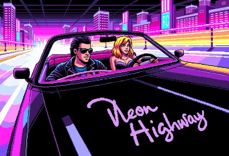 pixelart,retro style,masterpiece,((cool man wearing a leather jacket is driving a convertible shiny black car)),relaxing,he is wearing sunglasses and smiling confidently,smirk,black hair mullet,on the back seat is sitting a blonde beautiful woman wearing elegant clothes and green eyes,happy smile, neon highway,retro city in the background with tall buildings,joy moment,light poles,driving at high speed,movement lines,wind blowing,after image lights,(view from front of car),view from side,(music disc cover with the title "Neon Highway" in a funky font)