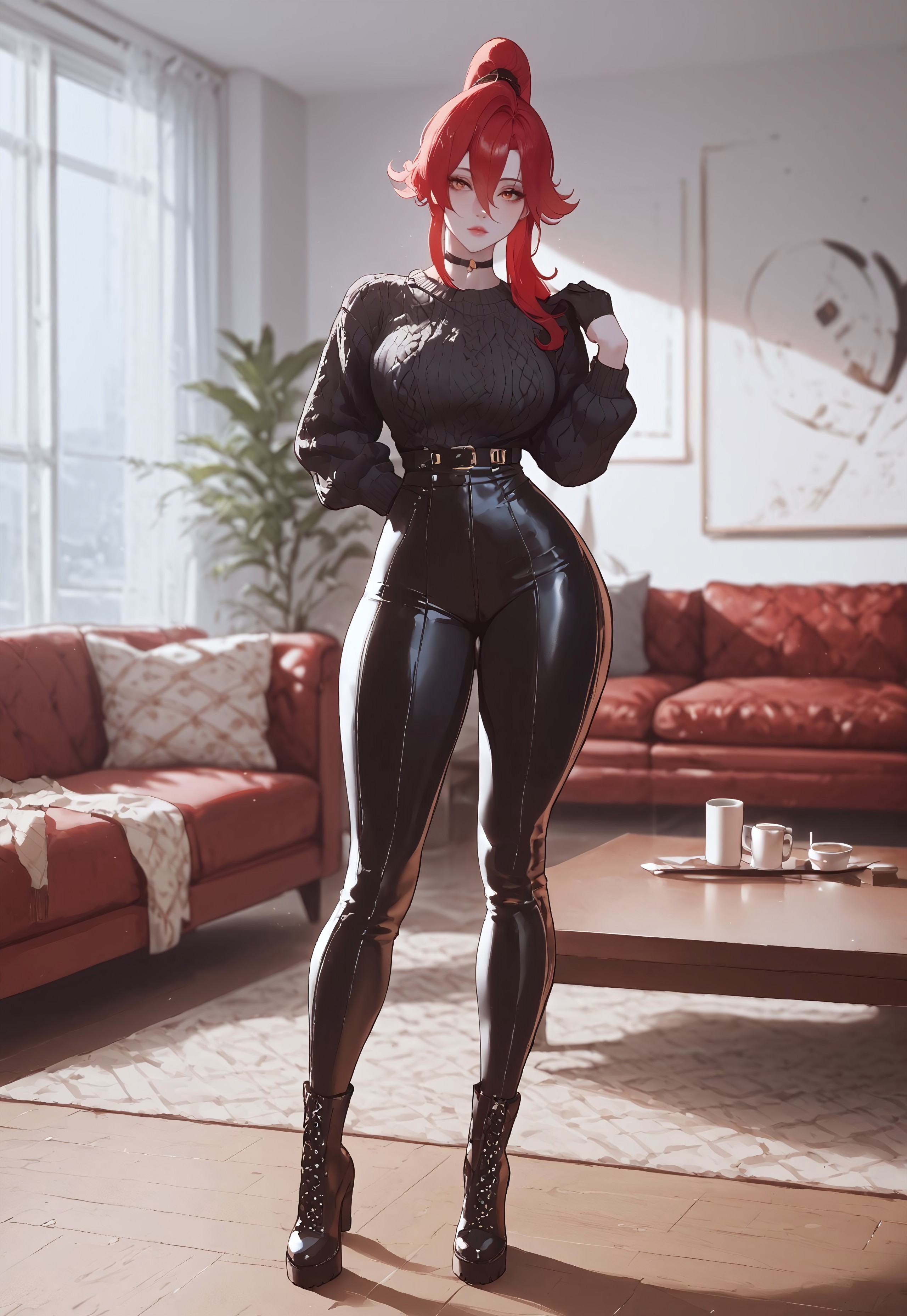 safe_pos, (score_9, score_8_up, score_7_up, score_6_up, score_5_up, score_4_up), 1girl, HD, details, high quality, good_hands.

((pale skin)), hourglass figure, perfect body, curvy, (big breasts), thick thighs, red hair, hair between eyes, ponytail, red sharp eyes, black gloves, ((black sweater)), (black leather pants), black boots, black choker, standing, full body 

indoors, living room, windows, night sky, looking at viewer, expressionless
