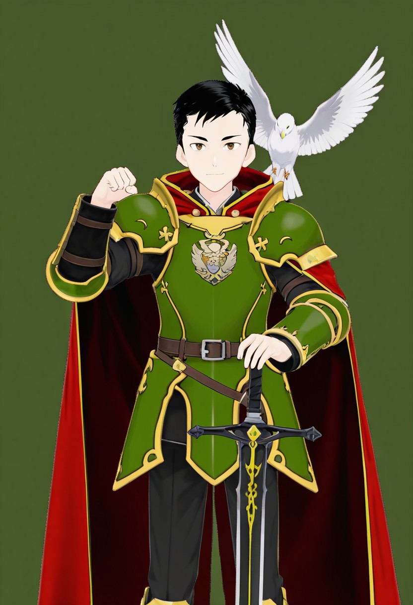 harmard, black hair, short hair, brown eyes, 1boy, solo, solo focus, young, youthful, he is dressed in a suit of dark iron platemail. Break. his right hand is holding up a black coloured sword, Properly holding the sword by the hilt, right hand up, brandishing a sword, his armour bears a crest of a yellow dove. fantasy armour. stylized silver dove emblems and symbols on armour and sheild. Break. epic background is a a beautiful palace. a strong wind is blowing his cape, green coloured armour, ready to fight pose, dawn sky in the background
