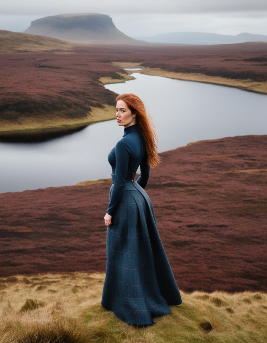 <lora:barbiefy:1.0> Scotland,  a young beautiful woman at a peculiar landscape