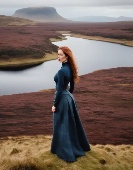 <lora:barbiefy:1.0> Scotland,  a young beautiful woman at a peculiar landscape