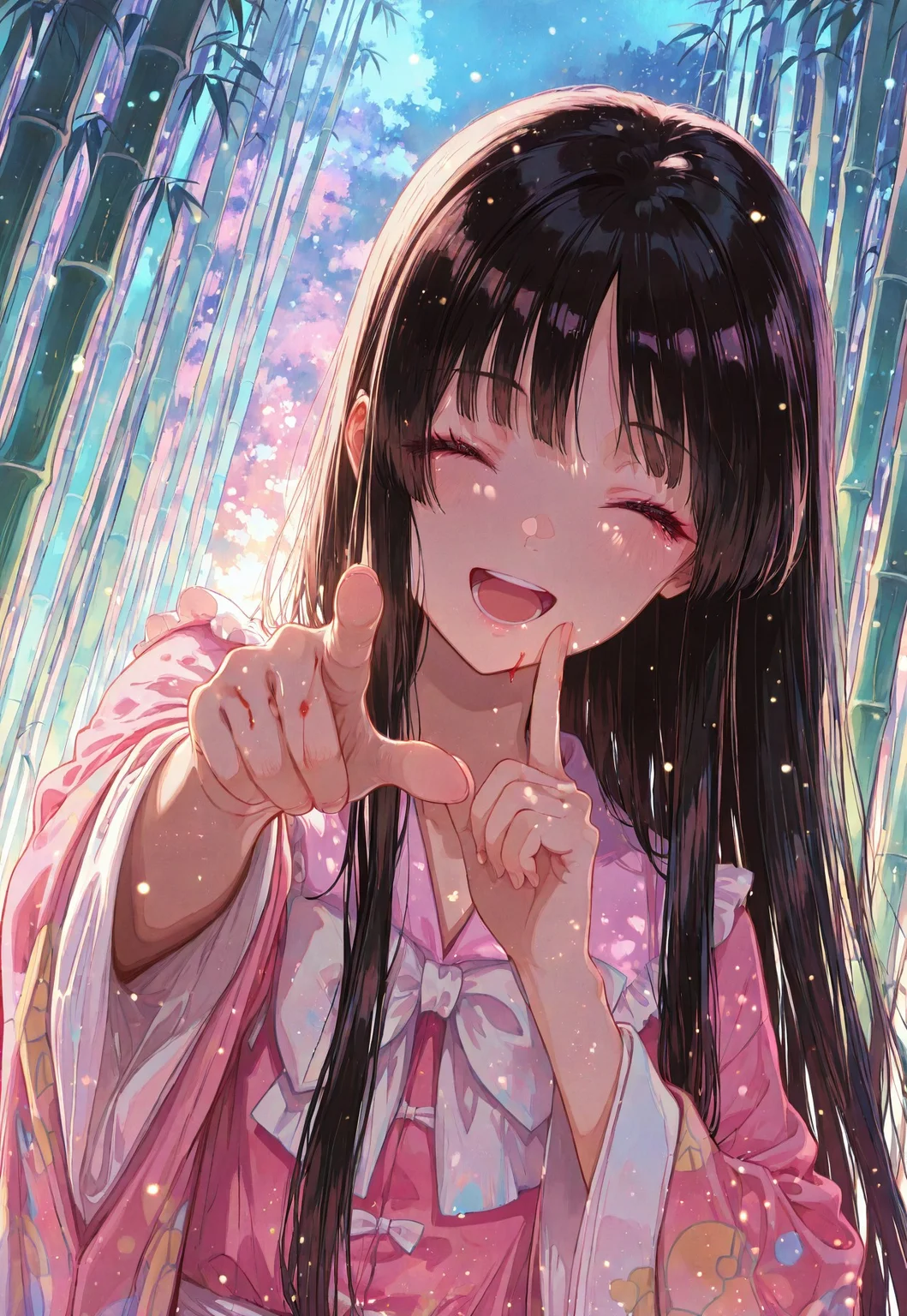 masterpiece, best quality, very aesthetic, absurdres,
1girl, Houraisan Kaguya,
upper body,
brown eyes, black hair, long hair, pink shirt, long sleeves, wide sleeves, white bow, sleeve near own jaw,
looking at viewer, laugh, happy, open mouth, closed eyes, (teary:0.8),
bleeding head, wounds, ton clothes,
pointing at viewer,
correct fingers,
in a bamboo forest,
front view, Dutch angle shot, dynamic pose, dynamic angle,
pastel colors, gradient color, soft fill light, (ambient light), (dynamic light), vivid colors, high contrast,
night, (blue light:1.1), soft lighting,
raytracing, light particles, floating particle light, gradient color,
shinny, glitter,
close up, extremely close-up shot,
atnr style