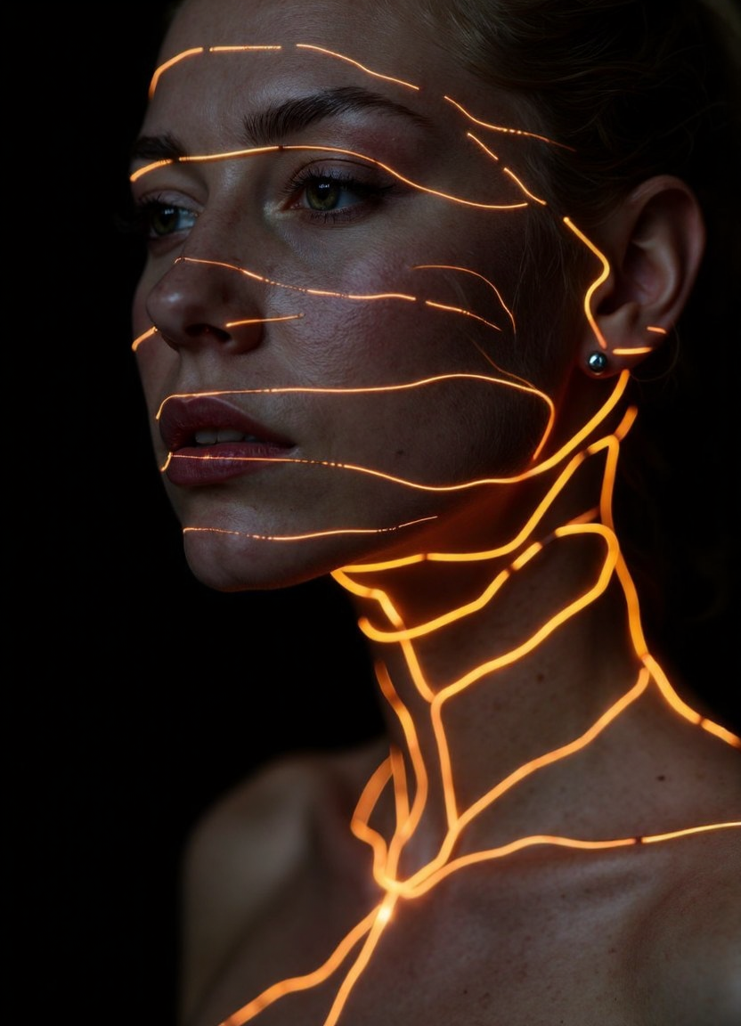 biomechanical style The photograph should depict a striking portrait of a woman, her expression one of quiet contemplation and perhaps a subtle, almost melancholic, serenity, set against a backdrop of deep, velvety blackness that emphasizes the luminous details of her face and neck, ensuring minimal distraction from the central subject. Her features are delicate, possessing a timeless beauty, but with a visible tension and underlying complexity suggested by the unusual element integrated within her skin. The lighting must be carefully controlled, primarily focused on illuminating the embedded wiring and allowing the surrounding skin to recede into a gentle shadow, avoiding harsh contrasts that would flatten the depth of the image. The overall aesthetic aims for a blend of futuristic technology and classical portraiture, hinting at a narrative of integration, adaptation, or perhaps a burden borne with grace. 
The most arresting aspect of the image is the intricate lattice of fine electrical wiring, seamlessly interwoven beneath the surface of her skin, primarily across her face and extending down her neck, appearing as if naturally grown within her. These wires are not simply placed; they are organically integrated, following the contours of her muscles and bone structure, suggesting a profound and permanent connection. The material itself appears almost impossibly thin, finer than human hair, yet visibly strong and resilient. Crucially, the wires emit a vibrant, neon orange glow, the intensity of which fluctuates subtly, suggesting varying levels of electrical resistance and activity. This orange light isn't uniform; it pulses with a slow, rhythmic cadence, hinting at a biological process or an internal power source.  The glow isn't a harsh glare, but rather a soft, diffused radiance that highlights the texture of her skin and creates a halo effect around her face. 
The skin itself should be rendered with meticulous detail, showcasing the subtle imperfections and nuances of human flesh, even amidst the technological intrusion. There should be a visible interplay between the orange light and the skin tone, causing a slight discoloration and creating a sense of otherworldly beauty. Small, almost imperceptible capillaries are visible beneath the skin's surface, contrasting with the precise geometry of the wiring. The background remains a uniform, absorbing black, devoid of any texture or detail, ensuring that the viewer's attention remains solely focused on the woman and the integrated technology. The camera should utilize a shallow depth of field, blurring the edges of the frame and further isolating the subject. 
Consider using a macro lens to capture the intricate details of the wiring and the skinâs surface, emphasizing the delicate nature of the integration. The photograph should evoke a sense of wonder and unease, prompting questions about the nature of humanity, technology, and the boundaries between the natural and the artificial. The final image should be high resolution, suitable for fine art printing, and possessing a quiet, contemplative power that lingers in the viewer's mind long after they're done looking. The woman's gaze should be direct but not confrontational, conveying a sense of acceptance and perhaps a touch of sadness. . blend of organic and mechanical elements, futuristic, cybernetic, detailed, intricate