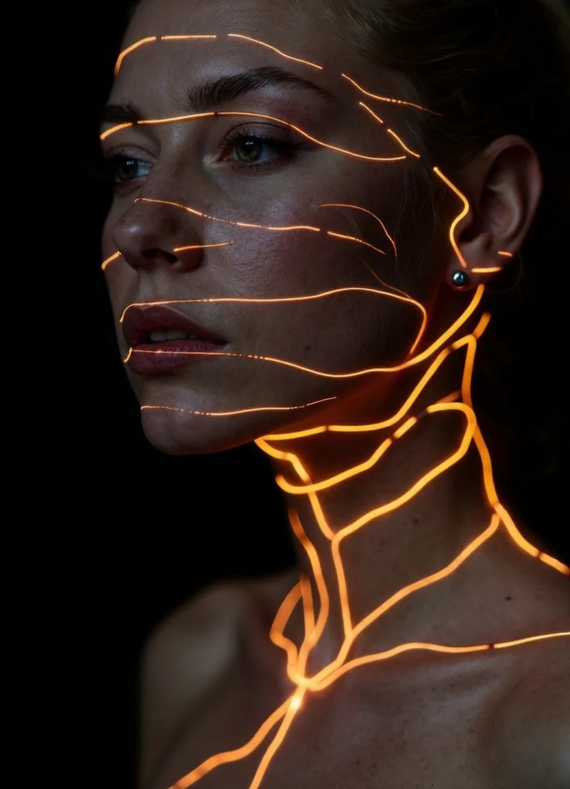 biomechanical style The photograph should depict a striking portrait of a woman, her expression one of quiet contemplation and perhaps a subtle, almost melancholic, serenity, set against a backdrop of deep, velvety blackness that emphasizes the luminous details of her face and neck, ensuring minimal distraction from the central subject. Her features are delicate, possessing a timeless beauty, but with a visible tension and underlying complexity suggested by the unusual element integrated within her skin. The lighting must be carefully controlled, primarily focused on illuminating the embedded wiring and allowing the surrounding skin to recede into a gentle shadow, avoiding harsh contrasts that would flatten the depth of the image. The overall aesthetic aims for a blend of futuristic technology and classical portraiture, hinting at a narrative of integration, adaptation, or perhaps a burden borne with grace.
The most arresting aspect of the image is the intricate lattice of fine electrical wiring, seamlessly interwoven beneath the surface of her skin, primarily across her face and extending down her neck, appearing as if naturally grown within her. These wires are not simply placed; they are organically integrated, following the contours of her muscles and bone structure, suggesting a profound and permanent connection. The material itself appears almost impossibly thin, finer than human hair, yet visibly strong and resilient. Crucially, the wires emit a vibrant, neon orange glow, the intensity of which fluctuates subtly, suggesting varying levels of electrical resistance and activity. This orange light isn't uniform; it pulses with a slow, rhythmic cadence, hinting at a biological process or an internal power source. The glow isn't a harsh glare, but rather a soft, diffused radiance that highlights the texture of her skin and creates a halo effect around her face.
The skin itself should be rendered with meticulous detail, showcasing the subtle imperfections and nuances of human flesh, even amidst the technological intrusion. There should be a visible interplay between the orange light and the skin tone, causing a slight discoloration and creating a sense of otherworldly beauty. Small, almost imperceptible capillaries are visible beneath the skin's surface, contrasting with the precise geometry of the wiring. The background remains a uniform, absorbing black, devoid of any texture or detail, ensuring that the viewer's attention remains solely focused on the woman and the integrated technology. The camera should utilize a shallow depth of field, blurring the edges of the frame and further isolating the subject.
Consider using a macro lens to capture the intricate details of the wiring and the skinâs surface, emphasizing the delicate nature of the integration. The photograph should evoke a sense of wonder and unease, prompting questions about the nature of humanity, technology, and the boundaries between the natural and the artificial. The final image should be high resolution, suitable for fine art printing, and possessing a quiet, contemplative power that lingers in the viewer's mind long after they're done looking. The woman's gaze should be direct but not confrontational, conveying a sense of acceptance and perhaps a touch of sadness. . blend of organic and mechanical elements, futuristic, cybernetic, detailed, intricate