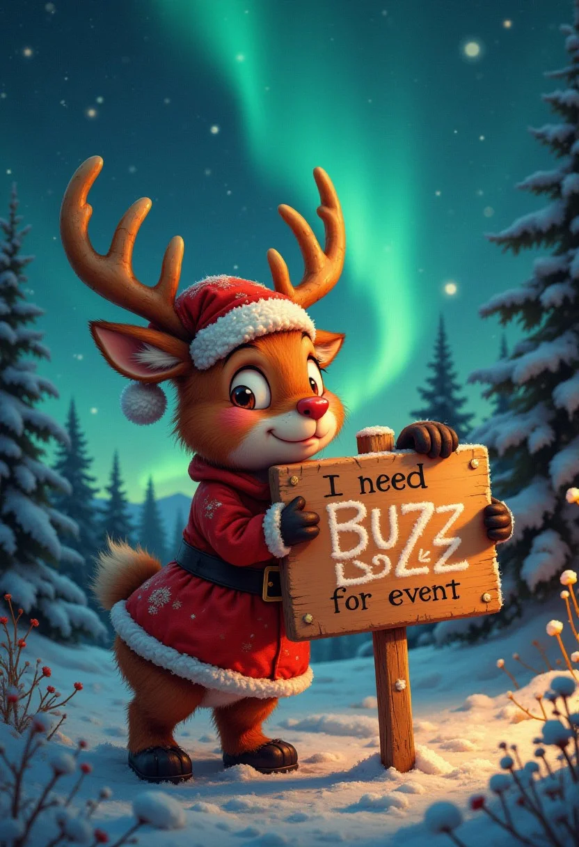 A cozy Christmas night with a nice and beautiful light of Aurora Borealis, A very cute reindeer hugging the signage with the text of "I need Buzz for event 🥺". A pity cute face, begging for help