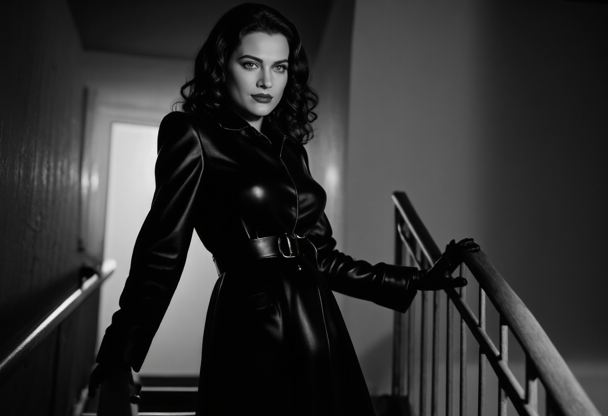 Dramatic candid black and white noirstyle shot in the style of Helmut Newton.  The camera is low and the subject is illuminated in chiaroscuro from a distant light source at right.

A sophisticated 25 year old dark-haired caucasian woman with  long hair in pin curls a la Veronica Lake. 
subdued very dim Rembrandt light from right and rear of camera She wears a lustrous black leather coat cinched with a matching leather knot belt, along with black leather gloves.

The woman stands at the top of a flight of narrow stairs and extends one hand to each railing as she prepares to descend the stairs.

She looks down at the camera with a conniving smirk.