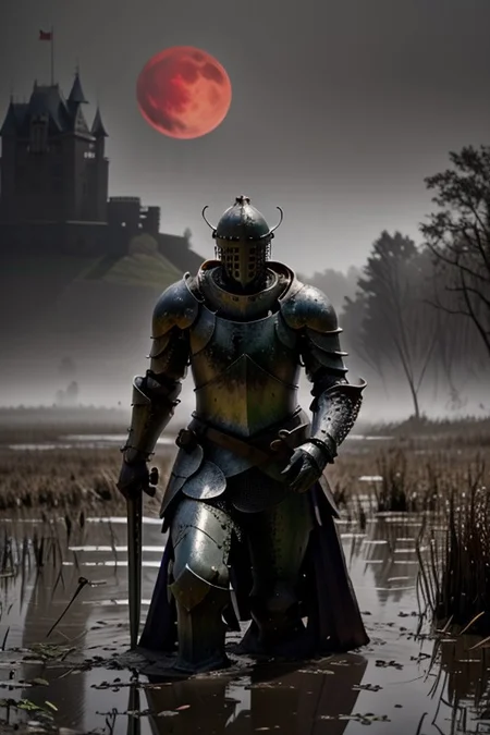 RAW photo, (masterpiece:1.3), subsurface scattering, heavy shadow, (high quality:1.4), (intricate, high detail:1.2), professional photography, HDR, High Dynamic Range, realistic, ultra realistic, photorealistic, high resolution, film photography, ambient lighting, atmospheric effects, <lora:detail_slider_v4:2>, OverallDetail, DarkFantasy,
1 male (knight), in creepy swamp surrounded by reeds, full armor, rust, evil eyes, holding broadsword, castle in the background, red moon, dead trees, mossy water, fog,
