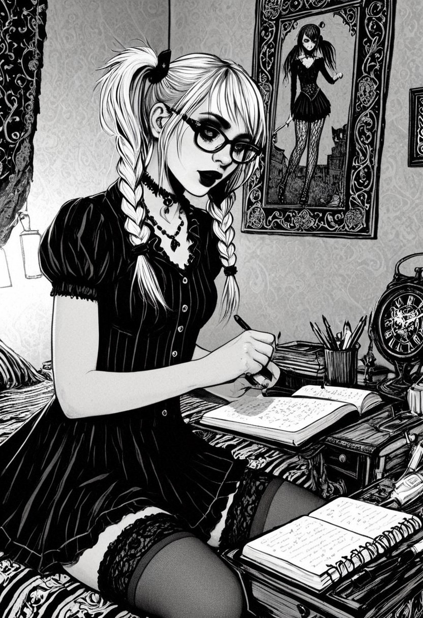 gothic, digital illustration, flat colors, line art, black and white, nerdy 18 year old goth girl writing in her diary, glasses, blond, pigtails, short skrit, inside her bedroom, sexy, creative angle,