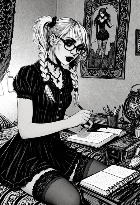 gothic, digital illustration, flat colors, line art, black and white, nerdy 18 year old goth girl writing in her diary, glasses, blond, pigtails, short skrit, inside her bedroom, sexy, creative angle,