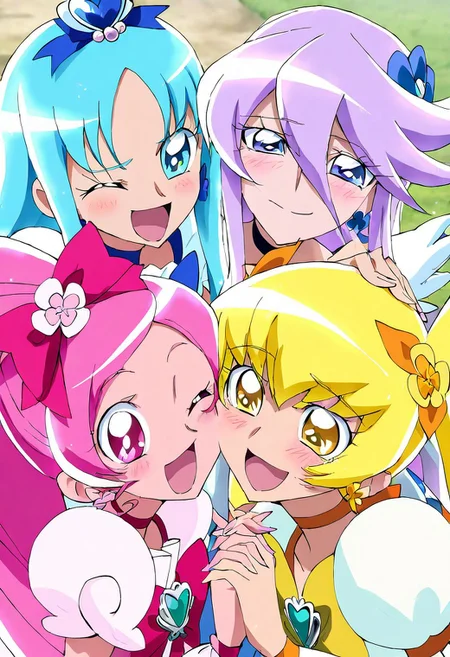 masterpiece, best quality, newest, absurdres, highres, safe, anime, heartcatch pretty cure!, 4girls, multiple girls, cure blossom, pink hair, cure marine, blue hair, cure sunshine, blonde hair, cure moonlight, purple hair, group, anime coloring, blush, open mouth, smile, headpat