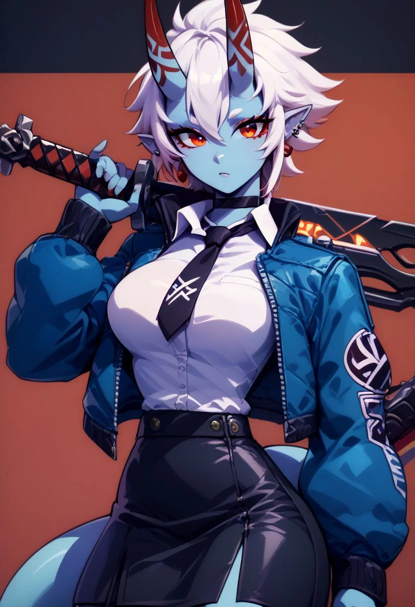 score_9, score_8_up, score_8, big breasts, (curvy), cute, eyelashes,
BREAK,
soukaku, red eyes, blue skin, white hair, short hair, horns, oni, black choker, blue jacket, white collared shirt, black tie, black skirt,
soukaku, looking at viewer, short hair, shirt, long sleeves, holding, jewelry, jacket, tail, white shirt, weapon, earrings, necktie, choker, collared shirt, sword, twitter username, holding weapon, black choker, piercing, ear piercing, black necktie, over shoulder, weapon over shoulder,
zPDXL,
