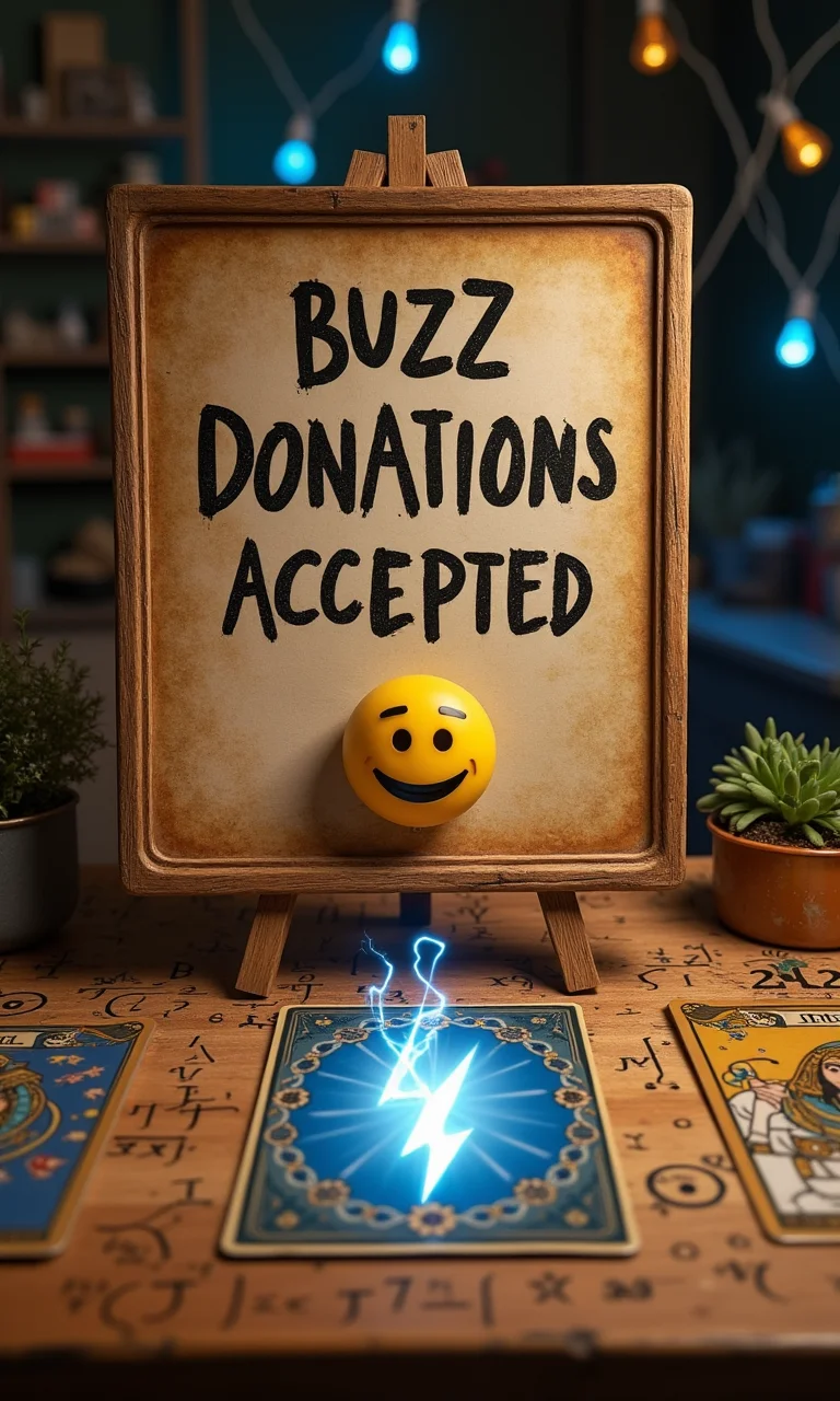 A board with on top with text saying "Buzz Donations accepted" and thunder emoji , tarot reading with a magical card in the middle of the table, The background is Ghost and [Egyptian|Folk], with the equations appearing Cinestill and ever-changing, creating a World of Warcraft and perfect symmetry mood.