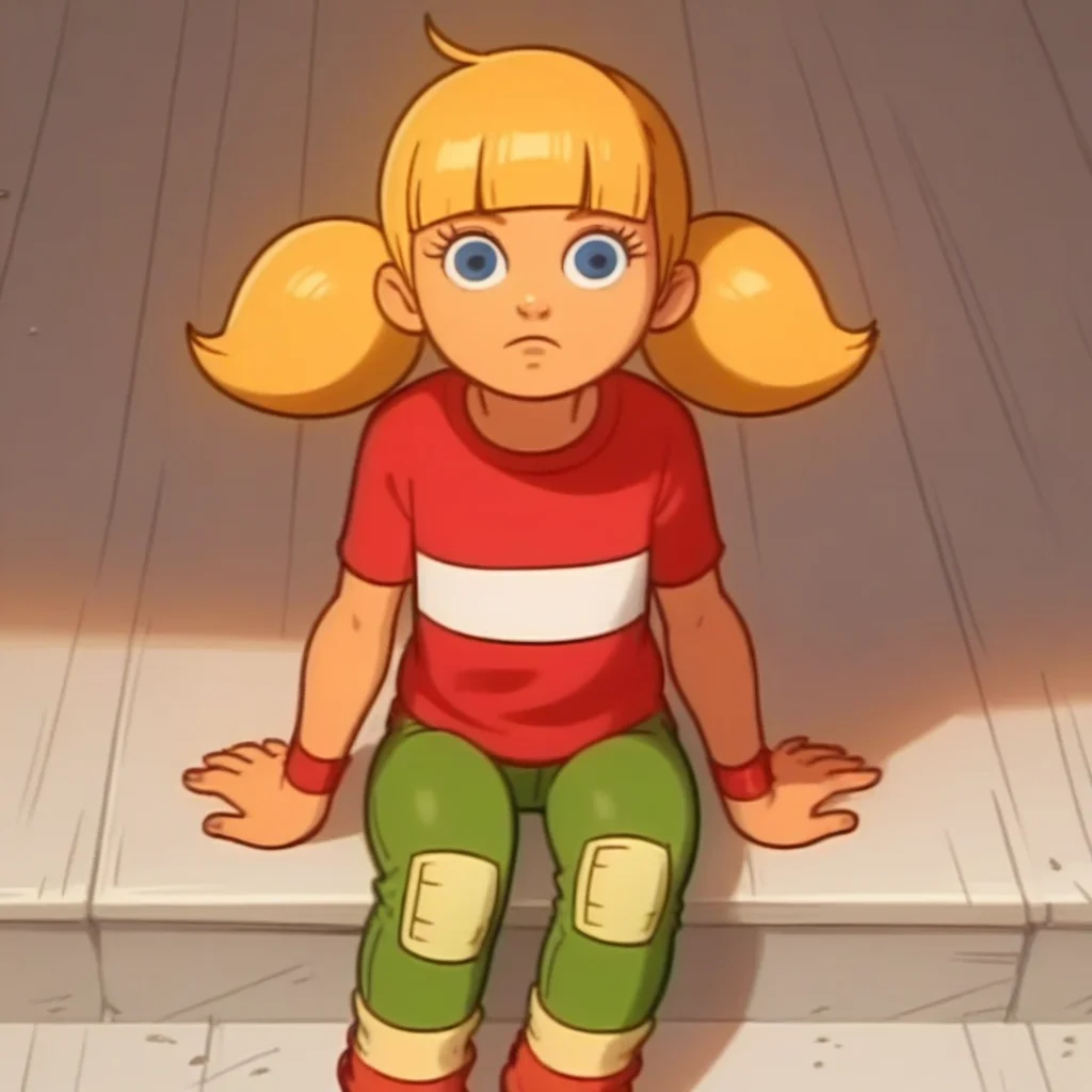 score_9, solo, penny_ig, blonde hair, twintails, red shirt, stripe, knee patch, sitting,