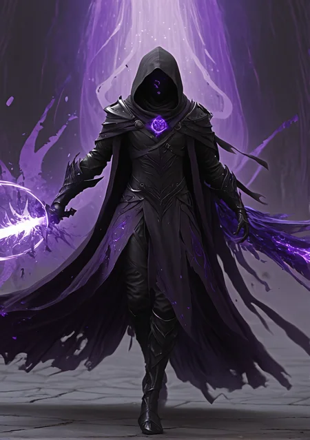 NewFantasyCore, Void Dancer, black smoke-like cloak, reality bending, battlefield littered with swords, glowing purple cracks from footsteps, twin void-energy blades, slashing shadows from enemies, binding souls into floating dark orbs, shattered banners, ethereal dance.