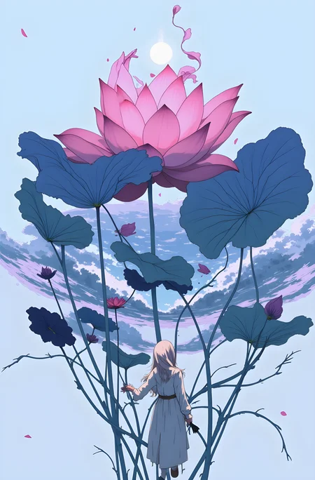 Beautifully detailed and serene illustration of a person standing amidst a field of lotus flowers. The individual has long, flowing hair that falls over their shoulders, adding to the overall sense of movement and grace. They are wearing a light-colored outfit that blends harmoniously with the surrounding environment.
The lotus flowers are depicted in various shades of pink and purple, with large, dark green leaves that create a sense of depth and texture. The flowers appear to be floating on the surface of the water, with their stems extending downwards into the depths below.
The background is soft and ethereal, with a light blue sky that adds to the tranquil and peaceful atmosphere. The lighting in the image is soft and diffused, highlighting the delicate details of the flowers and the person's clothing.
Overall, this illustration captures a moment of quiet beauty and harmony, with the combination of the person's attire, the vibrant colors, and the natural setting creating a visually engaging and emotionally resonant scene. The use of color and composition adds depth and character to the artwork, making it a powerful and evocative piece.
j_art, anime, anime art, <lora:FLUX\jul\J_Anime:1.0>, <lora:FLUX\Anime Art V3:0.1>, <lora:FLUX\RM_Artistify_v1.0M:0.1>, <lora:FLUX\RetroAnimeS1.1:0.1>