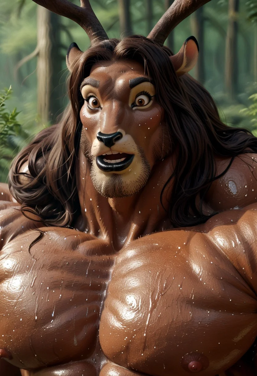 score_9, score_8_up, score_7_up, score_6_up, score_5_up, score_4_up, score_4, detailed face, detailed eyes, detailed fur, furry male, nature background, cabin background, detailed background
BREAK
Great Prince of the Forest, GPotF, anthropomorphic deer, buck, disney, antlers, brown fur, tan Markings, beige markings, brown eyes, brown eyelids, brown eyeshadow, eyeliner, black eyebrows, raised eyebrows, rectangular nose, shocked expression, frowning, giant breasts
BREAK
portrait, gigantic muscles, muscles, long hair, wavy hair, dark brown hair, hair covering one eye, black lip, big chin, t-shirt, furry arms, furry hands, black nailpolish, (goatee, sideburns, male, musk, hyper muscle, sweat, sweaty, musk clouds, hyper muscular, hairy, Sweaty armpit, big black lip, open mouth, hands on hips)
<lora:add-detail-xl:1.0>