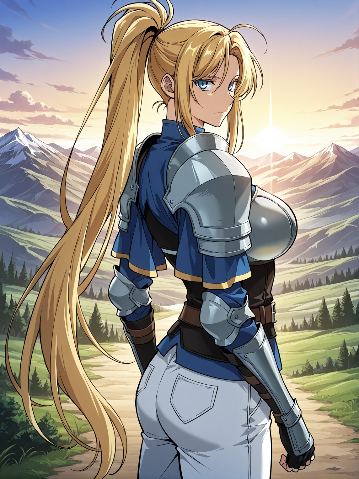 <lora:Kiri_Frodmain Illustrious:1>
1 girl, solo, blue eyes, blonde hair, long hair, ponytail, bangs, large breasts
armor, gauntles, boots, breastplate, belt, shoulder armor, pauldrons, white pants
score_9, score_8_up, score_7_up, source anime, BREAK,  cowboy shot, (from side), looking back, looking at viewer, overlooking mountain, high altitude, scenery, exterior, background, (solo), perfect hands