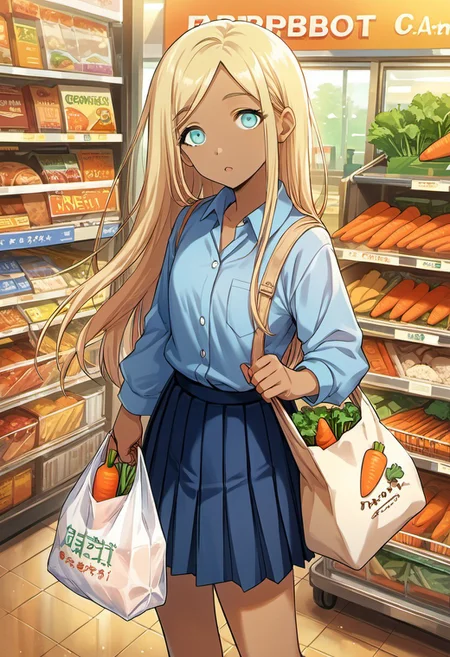 score_9, score_8_up, score_7_up, source_anime, layla, long hair, blonde hair, dark skin, aqua eyes, 1girl, solo, skirt, bag, food, school uniform, carrot, looking at viewer, pleated skirt, dark-skinned female, shopping, shopping bag