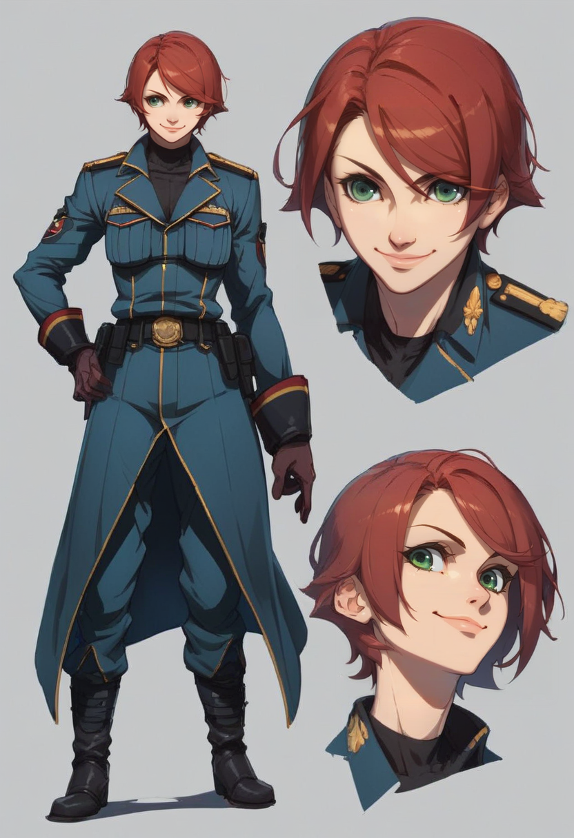 score_9, score_8_up, score_7_up,<lora:xl_more_art-full_v1:0.8>,<lora:add-detail-xl:1>
BREAK
 <lora:concept:1>conceptart,1girl, gloves, boots, short hair, uniform, knee boots, green eyes, brown hair, belt, multiple views, red hair, smile, reference sheet, grey background, military uniform, military, coat, hand on hip, simple background