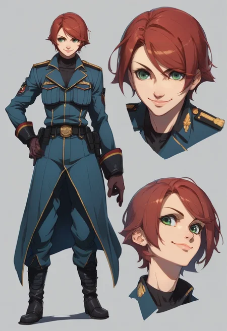 score_9, score_8_up, score_7_up,<lora:xl_more_art-full_v1:0.8>,<lora:add-detail-xl:1>
BREAK
<lora:concept:1>conceptart,1girl, gloves, boots, short hair, uniform, knee boots, green eyes, brown hair, belt, multiple views, red hair, smile, reference sheet, grey background, military uniform, military, coat, hand on hip, simple background