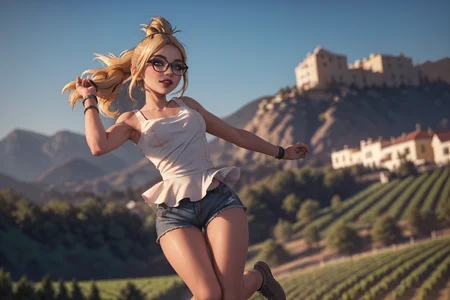 (masterpiece, best quality, highres, picture-perfect, 3D, high resolution:1.2), action shot, (upper body:1.3), (Jumping with knees pulled up:1.4), (1girl), AS-YoungV2, (18 year old), blonde hair, ((with a edgLevitating_hairstyle, top knot)), (((petite figure, fit build, (narrow hips), (skinny legs), thigh gap):1.2)), (thick glasses, Cuffed shorts and peplum blouse:1.3), A charming, sunlit Italian farmhouse with vineyards and olive groves, backlighting, detailed face, soft lighting, HairDetail, SkinDetail, Style-DoF, <lora:Sexy-Ukrainian:1> <lora:LowRA:0.6> <lora:microwaistV05:0.325> <lora:breastsizeslideroffset:0.5> <lora:backlight_last:0.8> <lora:actionshot:1> <lora:LECO_LessCrotch:0.5> <lora:edgLevitating:0.8>