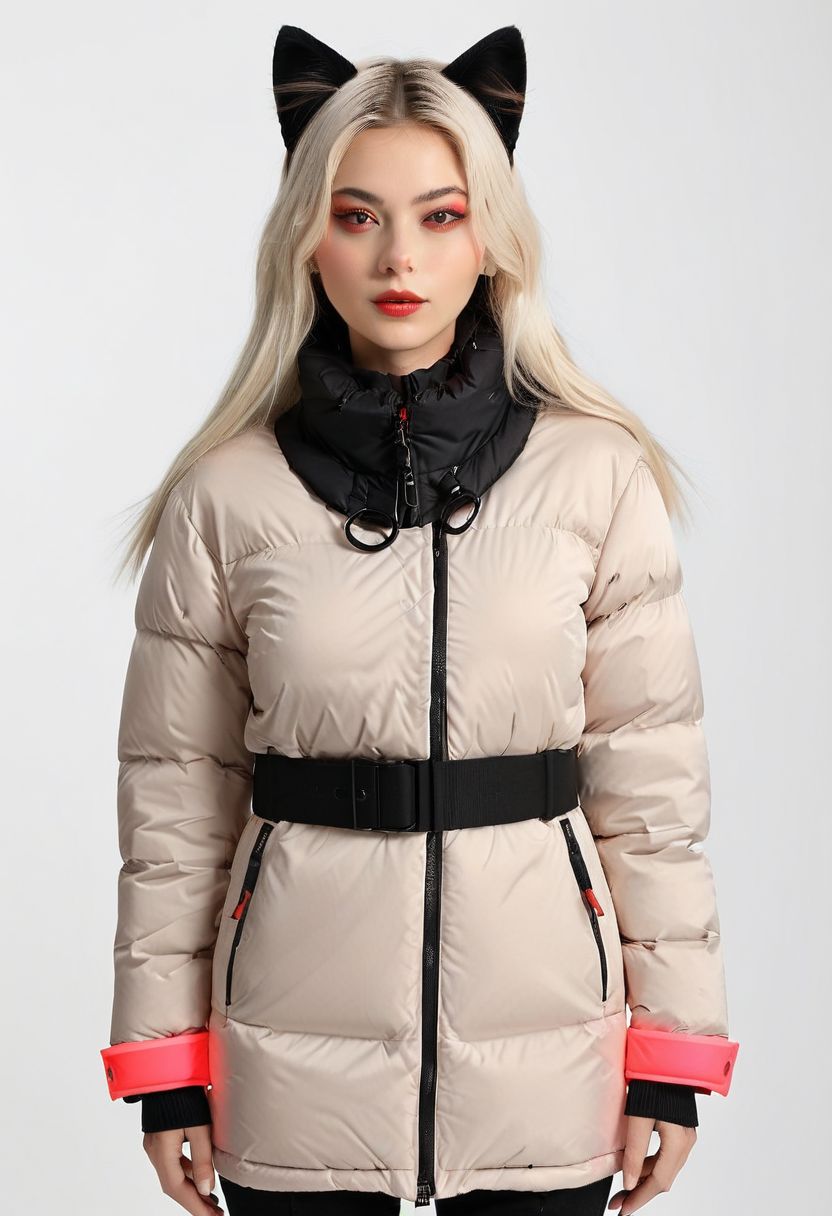 ((((padded down coat)))), ((((padded puffer coat)))), ((((padded winter clothes)))), ((((very cold)))), ((((puffer hood up)))), ((((full body)))), beautiful, masterpiece, 1girl, mature female, (((white long hair))), (((red eyes))), cat ears, large breasts, gloves, chest harness, (((half face mask))), army, Red digital camouflage, steam, cyberpunk, city, neon lights, pressure squeezing cuffs, pressure squeezing collar, (Thick padded cuffs:1.4), (Thick padded collar:1.4), <lora:Collar-SDXL:0.75>, <lora:Cuffs-SDXL:0.75>, <lora:fashion_lora:0.6>