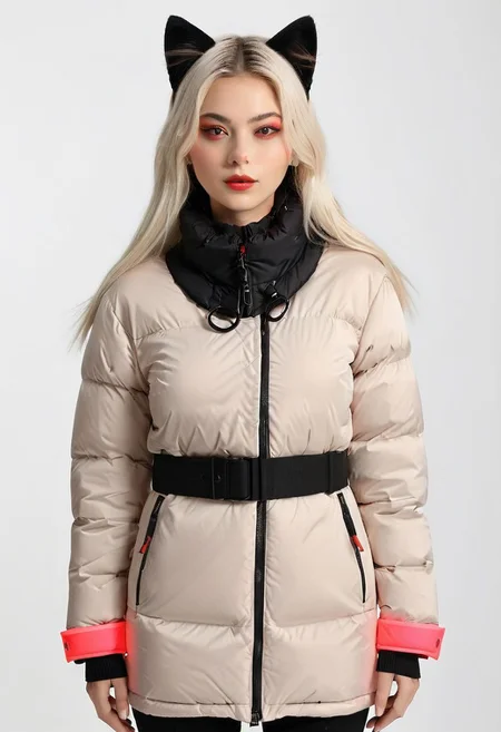 ((((padded down coat)))), ((((padded puffer coat)))), ((((padded winter clothes)))), ((((very cold)))), ((((puffer hood up)))), ((((full body)))), beautiful, masterpiece, 1girl, mature female, (((white long hair))), (((red eyes))), cat ears, large breasts, gloves, chest harness, (((half face mask))), army, Red digital camouflage, steam, cyberpunk, city, neon lights, pressure squeezing cuffs, pressure squeezing collar, (Thick padded cuffs:1.4), (Thick padded collar:1.4), <lora:Collar-SDXL:0.75>, <lora:Cuffs-SDXL:0.75>, <lora:fashion_lora:0.6>