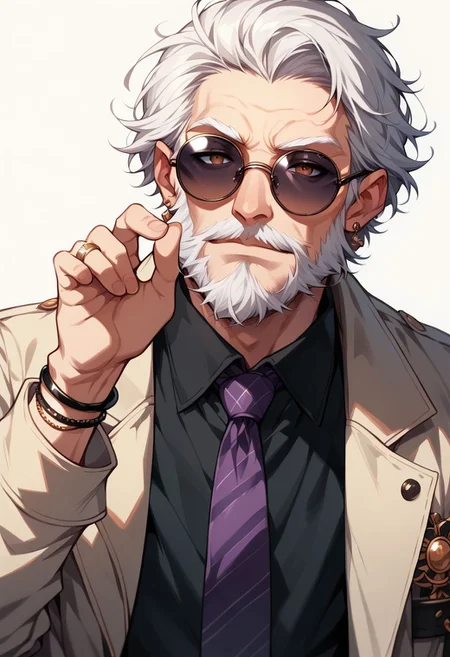 niji comix style, 1boy, male focus, jewelry, solo, ring, old, facial hair, necktie, beard, shirt, white background, round eyewear, bracelet, old man, simple background, purple necktie, black shirt, sunglasses, earrings, tinted eyewear, looking at viewer, white hair, collared shirt, glasses, coat, long sleeves, hand up, grey hair, belt, upper body, comic art style, illustration PnyCmicPosXL
zPDXL2
