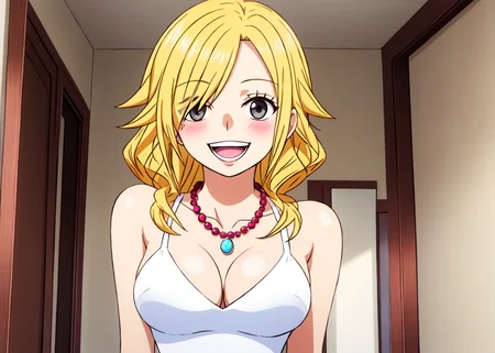 masterpiece, best quality, wanostyle, 1girl, breasts, solo, smile, dress, cleavage, blush, jewelry, teeth, necklace, blonde hair, hair over one eye, open mouth, covered nipples, white dress, medium breasts, looking at viewer, grey eyes,  no bra, indoors,  haf body, <lora:wanostyle_2_offset:1>