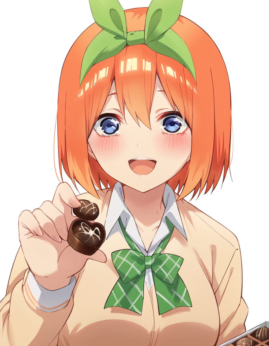 score_9, score_8_up, score_7_up, source_anime, <lora:yotsuba-nakano-s2-ponyxl-lora-nochekaiser:1>, yotsuba nakano, bangs, short hair, blue eyes, hair between eyes, hair ribbon, hairband, orange hair, green ribbon, large breasts,, <lora:incoming-chocolate-ponyxl-lora-nochekaiser:1> incoming food, chocolate, holding, holding chocolate, holding food, food, looking at viewer, open mouth, blush, smile, school uniform,, ,