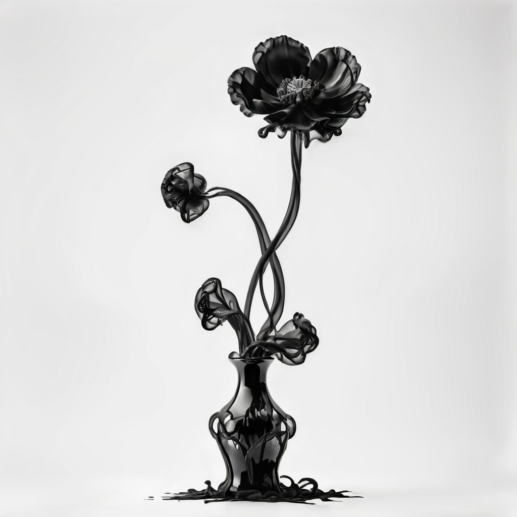 A beautiful Poppy flower in a black vase in a white room, ((white background)), photograph, 8k resolution, award winning photograph, horror, cinematic lighting   <lora:Gloom-step00000900:.7>, greyscale