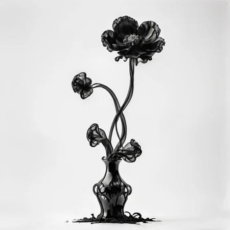 A beautiful Poppy flower in a black vase in a white room, ((white background)), photograph, 8k resolution, award winning photograph, horror, cinematic lighting <lora:Gloom-step00000900:.7>, greyscale