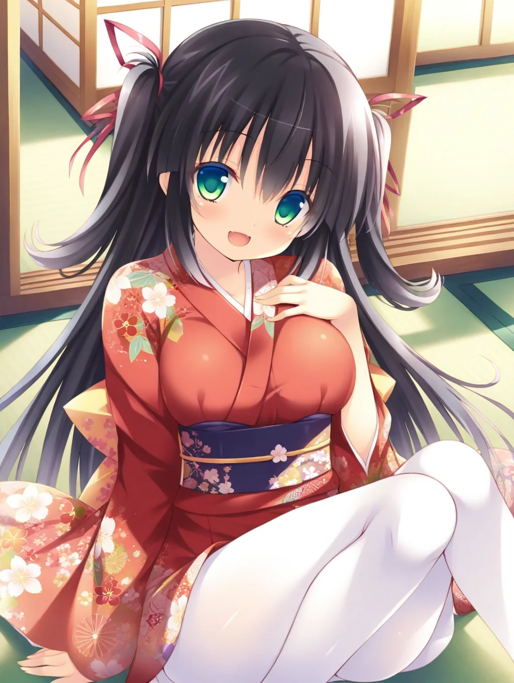 (masterpiece,best quality,ultra_detailed,highres,absurdres:1.2,amazing quality,very aesthetic),<lora:Kiryuuin Rindou_ilxl_v1-000010:0.8>,1girl, solo, japanese clothes, black hair, long hair, kimono, green eyes, open mouth,tatami,sitting,,two side up, ribbon, hair ribbon, smile, looking at viewer, obi, sash, blush, red kimono, kiryuuin rindou,white pantyhose, looking at viewer,