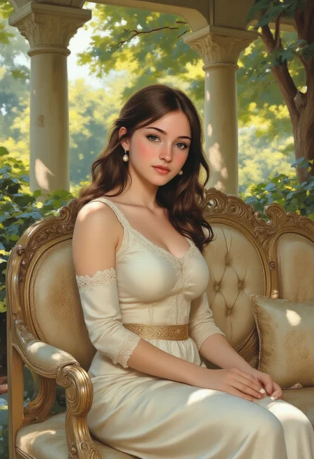 photo-realistic, beautiful woman, elegant, sitting on a luxurious stone bench, white satin dress, lace details, brunette, wavy hair, soft makeup, red lipstick, pearl earrings, soft lighting, lush green foliage, stone pillars in background, sunlight filtering through trees, pastel colors, vintage style, delicate textures, relaxed pose, cozy atmosphere, high-resolution, detailed, feminine, graceful, sophisticated, refined, serene expression, luxurious setting fantasy painting.
Lghtn, c0mix2 perfection style aidmamj6.1