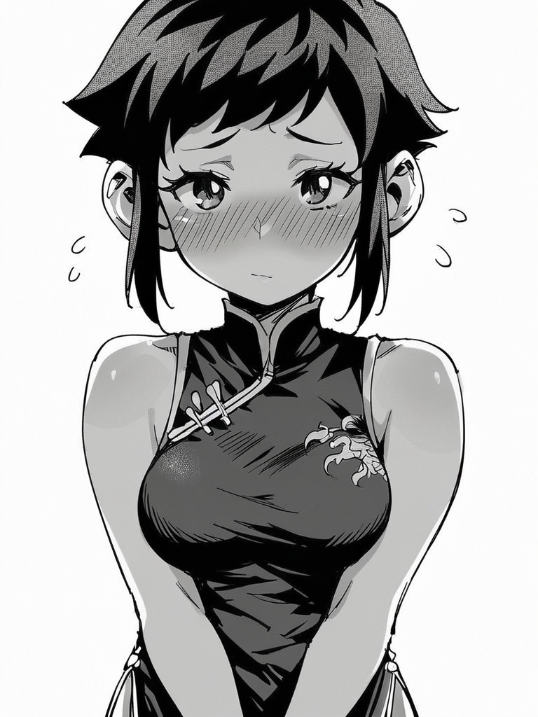 score_9, score_8_up, score_7_up,  
1girl, monochrome, white background, rekka ek, black hair, short hair, sidelocks, medium breasts, large ears,
blush, shy, looking at viewer, v arms, china dress, sleeveless,