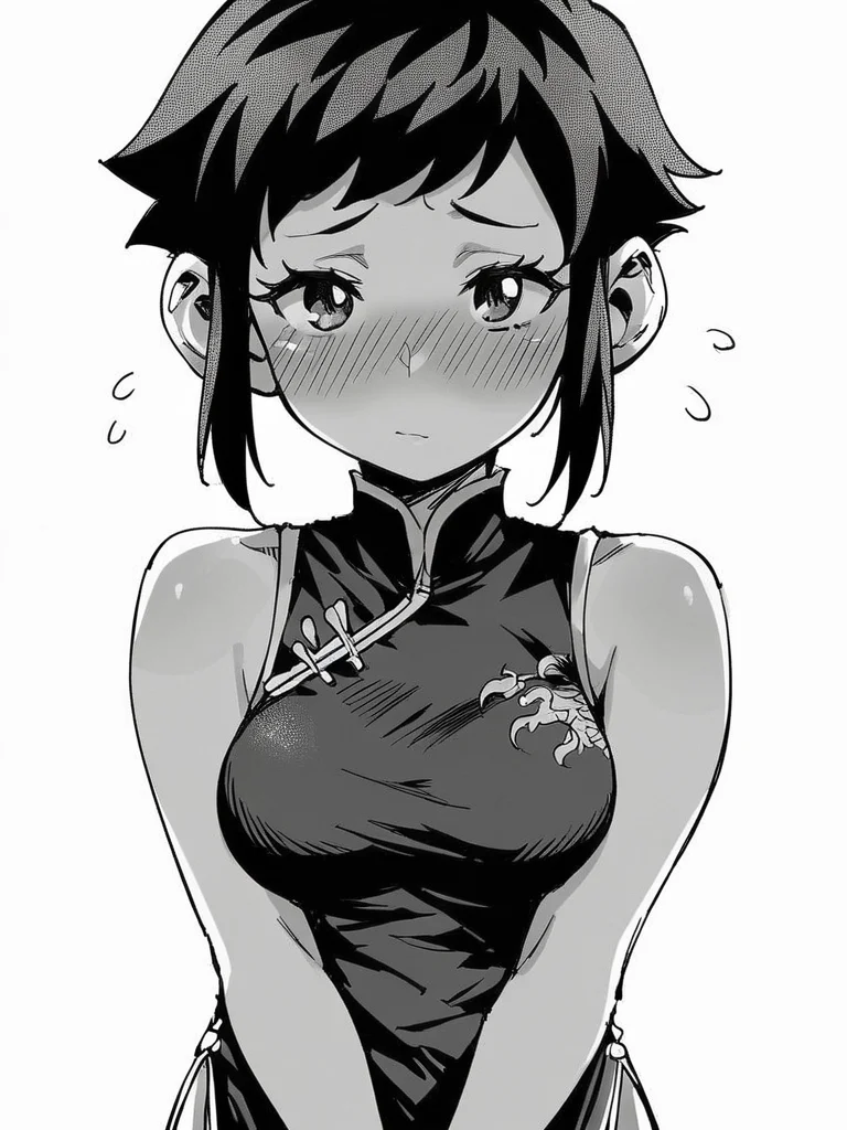 score_9, score_8_up, score_7_up,  
1girl, monochrome, white background, rekka ek, black hair, short hair, sidelocks, medium breasts, large ears,
blush, shy, looking at viewer, v arms, china dress, sleeveless,