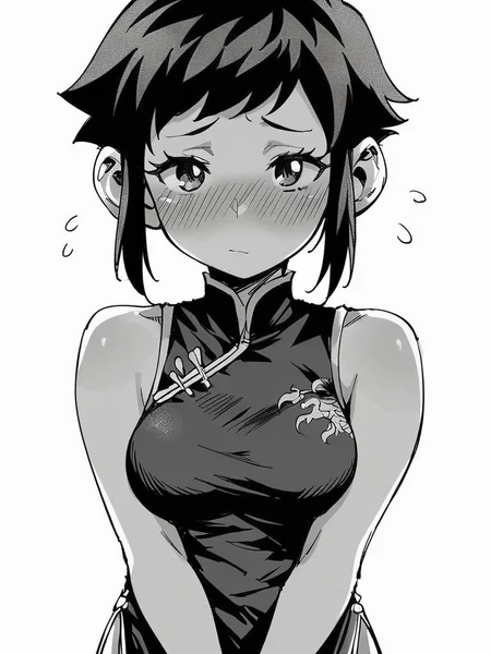 score_9, score_8_up, score_7_up,  
1girl, monochrome, white background, rekka ek, black hair, short hair, sidelocks, medium breasts, large ears,
blush, shy, looking at viewer, v arms, china dress, sleeveless,
