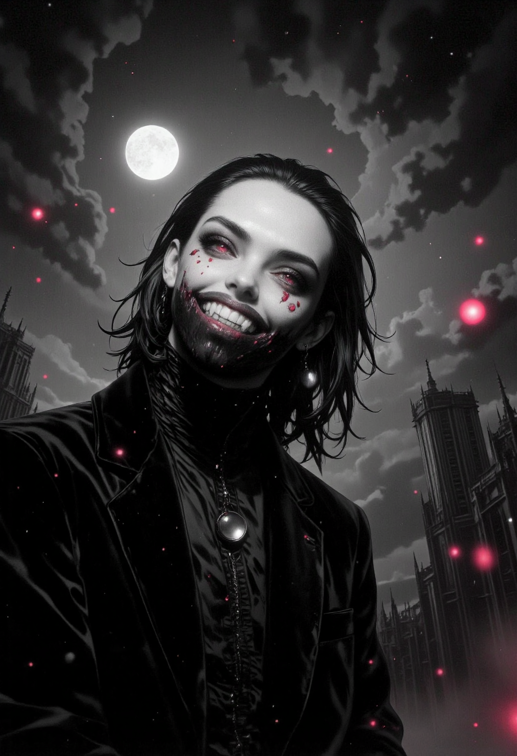 A mesmerizing image portrays a terrifyingly sexy yet lethal suave vampire, exuding an otherworldly charm and conventional good looks. The vampire stands with his head cocked sideways and a wicked smile that reveals his sharp fangs stained by deep red blood dripping down his chin. His eyes are mesmerizing amber orbs, glowing faintly in the dim light. The vampire's flawless skin is an ethereal pale white with a matte finish like ceramic bisque, subtly illuminated by soft diffused lighting, light scattering, and gentle highlight diffusion that create muted reflections on his polished surface. The background consists of deep greys and blacks, punctuated by swirling cerise hues, while the moon is full in the sky. The scene is bathed in a dramatic, atmospheric bloom created through backlighting that highlights the sharp edges of his frightening visage, illuminating dust particles swirling around him. The image blends supernatural elements and artistic skill to create an intense, hauntingly beautiful tableau that showcases both the vampire's lethal capabilities and unnerving allure., <lora:test2-000013-nistyle:0.68> Nistyle,<lora:NeonFantasyPrimeFLUX-000049:0.5> ne0nfant4sy,<lora:FluxMythR3alisticF:0.45> R3alisticF,<lora:david-bailey-flux1-dev-v1-000098:0.6> a high-contrast photo, black and white portrait, posing for a picture, in the style of david-bailey,, <lora:FluxF4ngs:1.0>
