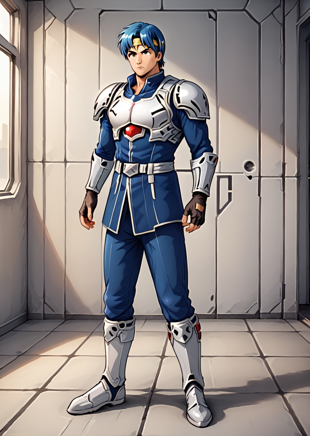 rolfps, male focus, solo, armor, headband, fingerless gloves, full body, indoors, sci-fi background,  <lora:Rolf-000004:0.8>