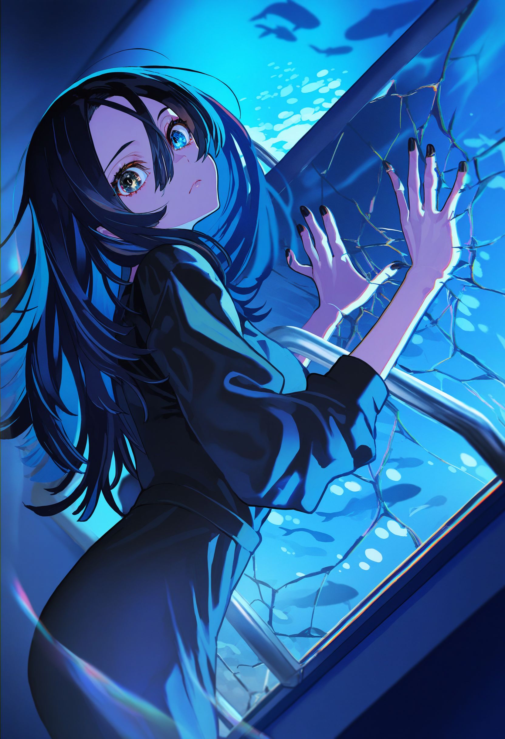 by [yoneyama mai|mika pikazo|say hana|diyokama|lam],
1girl, solo, hair between eyes, aquarium, black hair, long hair, black nails, blue eyes, heterochromia, black dress, long sleeves, sleeves pushed up, forehead, closed mouth, looking at viewer, blue hair, blue background, blue theme, nail polish, puffy sleeves, glass, cracked glass, chromatic aberration,
masterpiece, best quality, very awa, absurdres
<lora:noobai_epred_11_artists_v11:1>