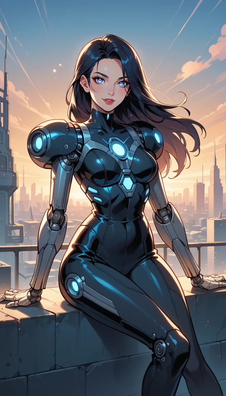 score_9, score_8_up, score_7_up, Western Comics, Full Body Shot, android girl, glossy black, cute, seductive, innocent, light smile:0.3, plump lips, slender body, mechanical arms, dark mood, dystopia, glowing, looking at viewer, sitting, long hair, bokeh moonlight passing through hair, sunrise, distopian futuristic city background, depth of field, dynamic angle, fashion photography, sharp, hyperdetailed:1.15