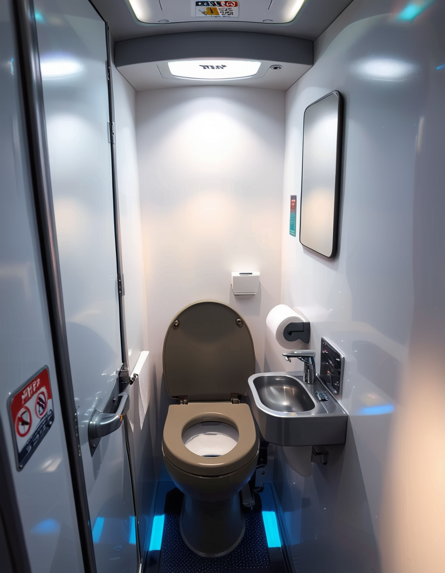A highly detailed and realistic photograph of an airplane lavatory. The small, compact space features light gray plastic walls with subtle texture, a stainless-steel sink with a motion-sensor faucet, and a mirror reflecting the narrow interior. The toilet is sleek, with a closed lid and a small instruction sticker on top. A soft, dim overhead light illuminates the space, creating a sterile yet functional atmosphere. On the side, a dispenser for paper towels and a built-in trash compartment are visible. The door has a small lock mechanism and an 'Occupied' sign. The floor is dark, non-slip material, and there are small signs with safety instructions in multiple languages. The perspective is slightly wide-angle, capturing the entire space from a slightly tilted angle, emphasizing the compact design. 
<lora:SDXLFaeTastic2400:0.4> <lora:extremely_detailed:0.4> extremely detailed,<lora:airplane_l4v4t0ry:1>,airplane l4v4t0ry, Masterpiece,best quality,hi res,8k,hi res,8k,award winning,(sharp focus, intricate, highly detailed),