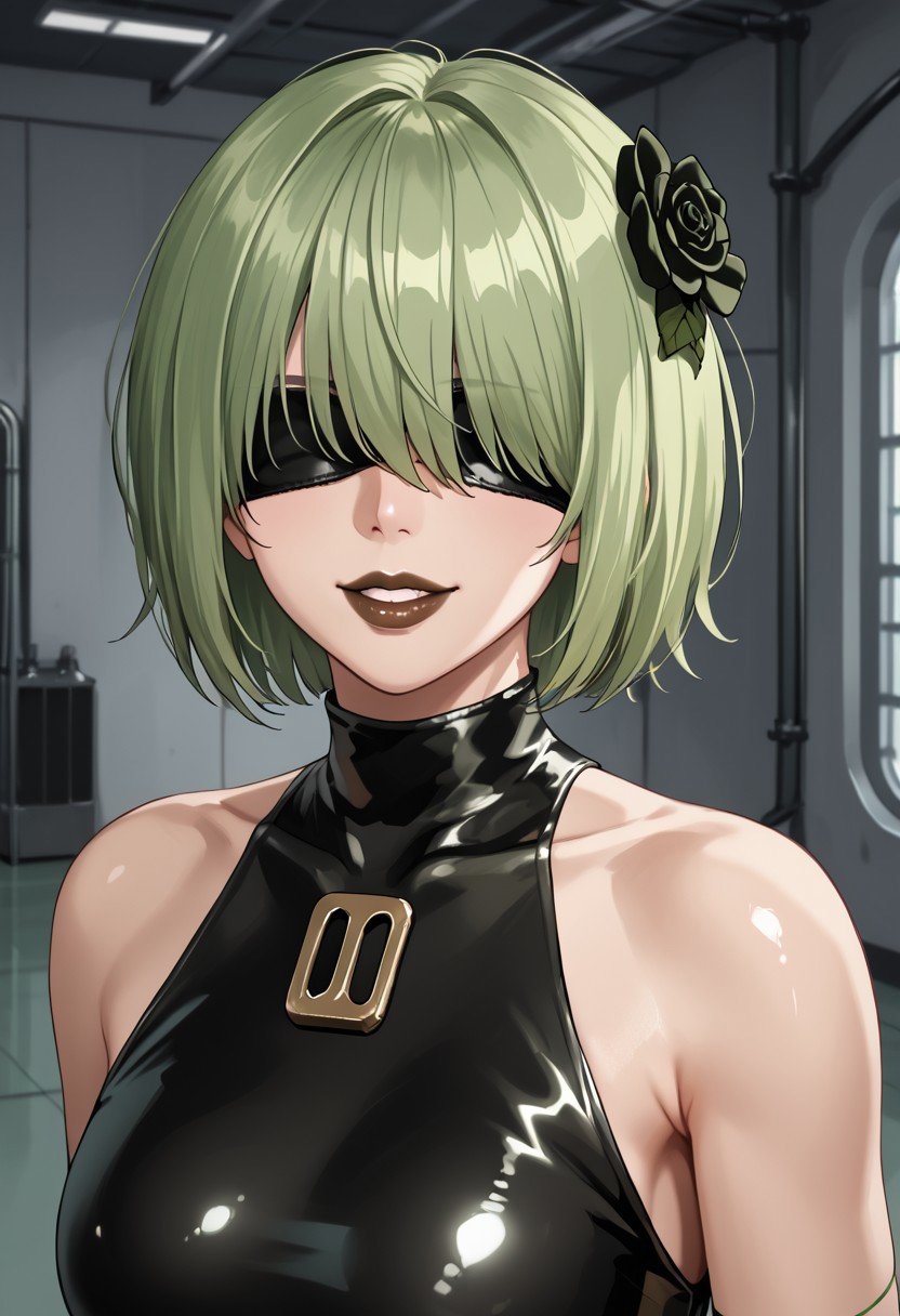 safe_pos, 1girl, solo, solo focus, highres, absurdres, CL_Dummy, short hair, long bangs, hair over eyes, light green hair, lipstick, shiny lips, brown lips, circle hair ornament,  

black leotard, bare shoulders,

looking at viewer, evil grin, upper body,

factory, industrial pipe, stasis tank, dark,
