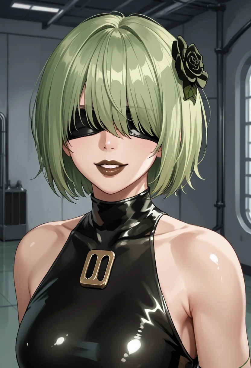 safe_pos, 1girl, solo, solo focus, highres, absurdres, CL_Dummy, short hair, long bangs, hair over eyes, light green hair, lipstick, shiny lips, brown lips, circle hair ornament,
black leotard, bare shoulders,
looking at viewer, evil grin, upper body,
factory, industrial pipe, stasis tank, dark,