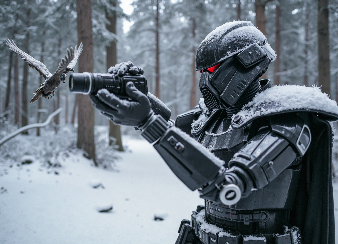 {"T5": ",A highly detailed, photographic image of a Dark Trooper from Star Wars, intently focused on photographing wildlife in a snowy forest. The trooper's helmet is raised, revealing a stern facial expression with eyes narrowed slightly as they peer through the camera lens. The trooper wears a modestly dressed, armored suit with a cloak draped over their shoulder, covered from shoulder to ankle. The camera is raised to their eye, capturing a moment of a snow-covered bird in flight. The snowy forest background is rich with detailed textures of trees, snow, and underbrush. The image is shot from a slightly low angle, emphasizing the trooper's stance and the expansive snowy landscape.,", "CLIP-L": ",Dark Trooper, Star Wars, snowy forest, wildlife photography, stern facial expression, armored suit, cloak, modestly dressed, covered from shoulder to ankle, highly detailed photograph, camera raised to eye, snow-covered trees, underbrush, low-angle shot, rule of thirds composition, (dog:cat:.5) is not included as no blend concept was provided, no text is requested to be included,"}
<lora:Dark_Trooper_-_Star_Wars_Flux:1.0>