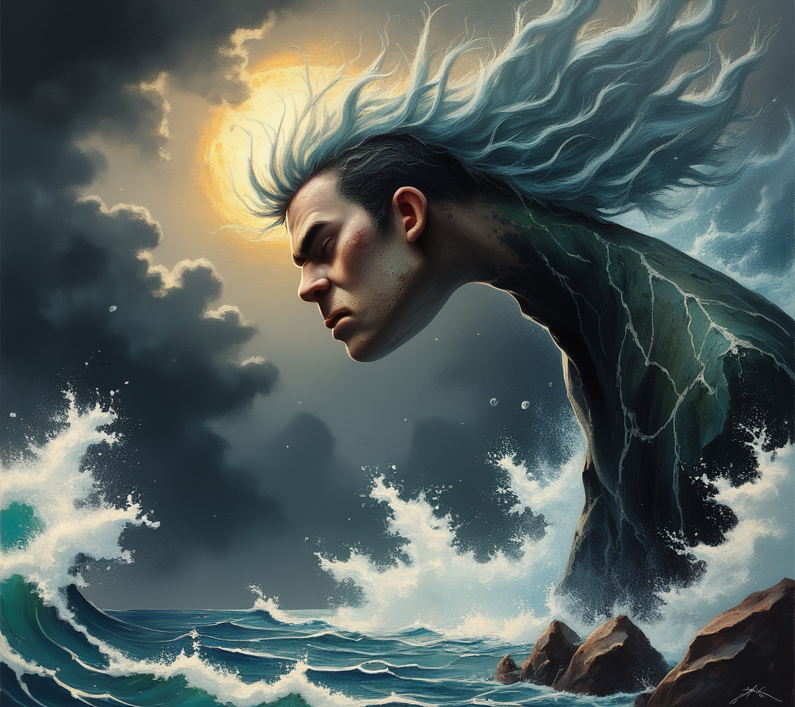 score_9, score_8_up, score_7_up, score_6_up,score_5_up, The oil painting depicted a stormy seascape, with waves crashing against jagged rocks. The heavy brushstrokes conveyed the power and fury of the sea, while the dark clouds overhead added to the sense of impending doom. It was a dramatic scene, full of energy and tension., highly detailed, gritty, cinematic <lora:ponys-dream:.9>