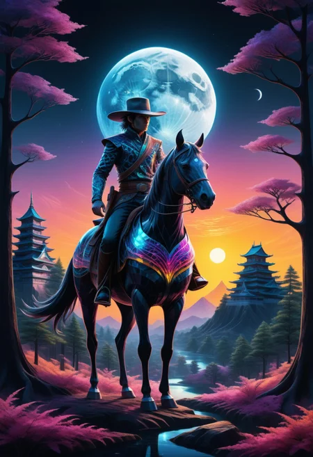 anime art, a breathtaking ultra-HD anime-style illustration of a electro_style, cowboy, masterpiece, best quality, newest, absurdres, highres, by an ancient japanese edo castle made out of fractangles, sunset, ink artwork, sharp color, fractangle sakura trees in the background, moon in background. The atmosphere is tranquil yet powerful, evoking a sense of nostalgia and wonder. Highly detailed character, precise silhouette, cinematic lighting, ultra-realistic textures, dreamy and immersive composition, masterpiece. sharp, ultra hd, 8k, 4k, artstation, (Fractangles), movie poster, let angles and patterns evolve in unexpected ways, (Show the world your mastery of geometric elegance and prove that art isn’t just organic—sometimes, it's perfectly geometric. Judging will focus on theme adherence, aesthetic prowess, and clever integration of fractal elements.)