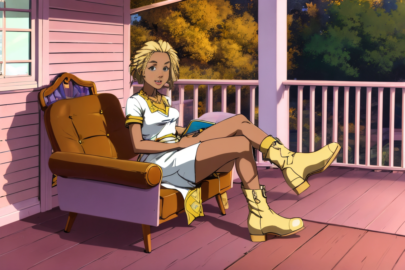Oromo (Ethiopia) 37 years old woman Blonde 90s Hair, in the Deck, Sitting on a chair with one leg crossed over the other, Ruffled dress with ankle boots, EdobBoondocksArtStyle  <lora:EdobBoondocksArtStyle_v2.0:0.8>