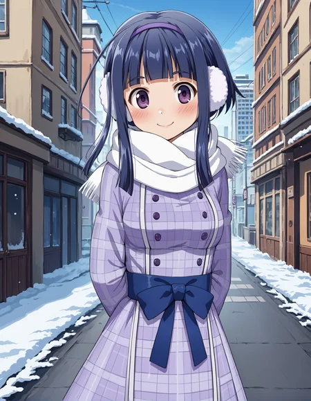 score_9, score_8_up, source_anime, 1girl, upper body, medium shot, detailed, mgrcasukatatsuki, asukawtr, blue hair, sidelocks, low ponytail, purple eyes, white earmuffs, white scarf, purple checkered winter coat, blue belt with bow, hands behind back, light smile, blush, outdoors, city, street, winter, snow, (side view:0.6),<lora:mgrcasukatatsuki_XL:1>