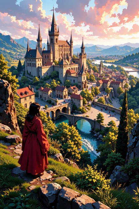 a medieval city beautiful landscape, early morning, woman, very intricate, very detailed, sharp, bright, colorful, <lora:Hand v2:0.5> <lora:Anti-Blur:1><lora:Insane Detail Slider:0.25> <lora:flux.1_lora_flyway_Epic-detail_v2:0.3> <lora:fluxenhancer:0.25> <lora:ROWER:0.6> <lora:flux-charmer-v1-1:0.4><lora:Vibrantly_Sharp_style_v.5:0.4> <lora:realanime:1>